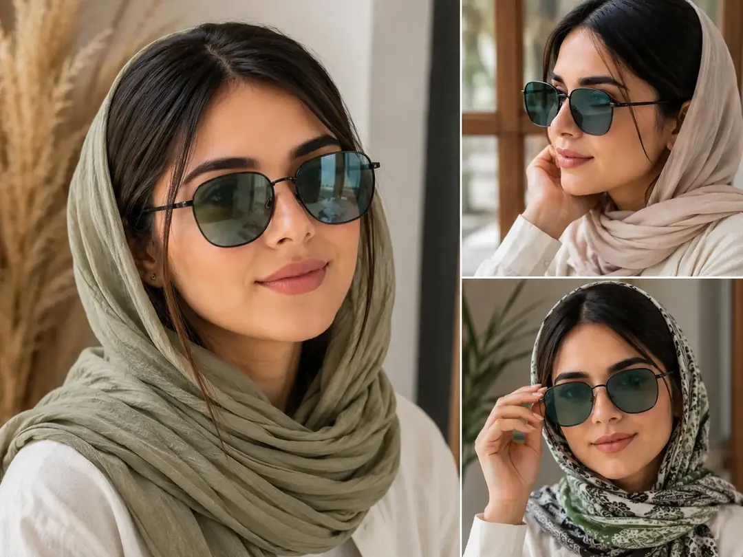 عینک آفتابی زنانه لاله استایل مدل چندضلعی فلزی مینیمال با عدسی سبز زیتونی کد 14