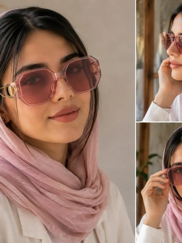 عینک آفتابی زنانه لاله استایل مدل فریم شفاف صورتی چندضلعی طرح CD