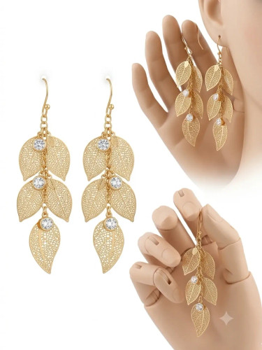گوشواره آویز زنانه طرح شاخه و برگ نگیندار زرین